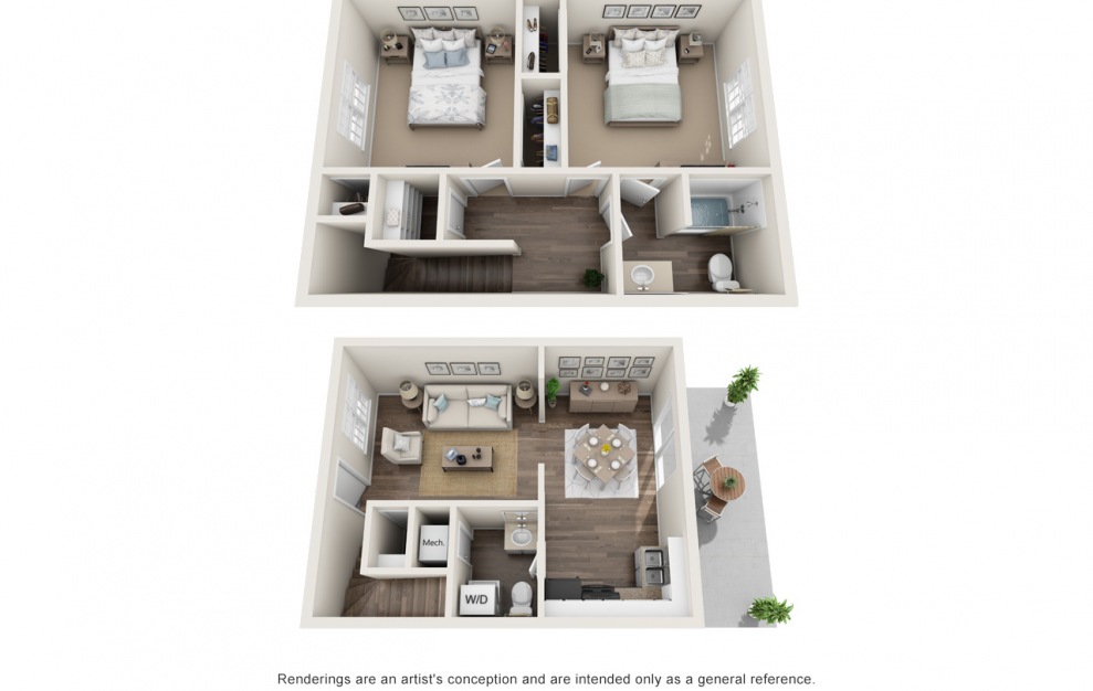B2 Townhome - 2 bedroom floorplan layout with 1.5 bath and 1100 square feet.
