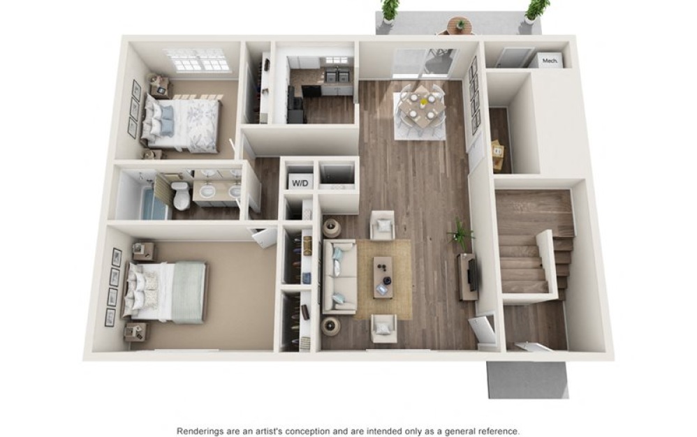 B1 Deluxe - 2 bedroom floorplan layout with 1 bathroom and 1147 square feet