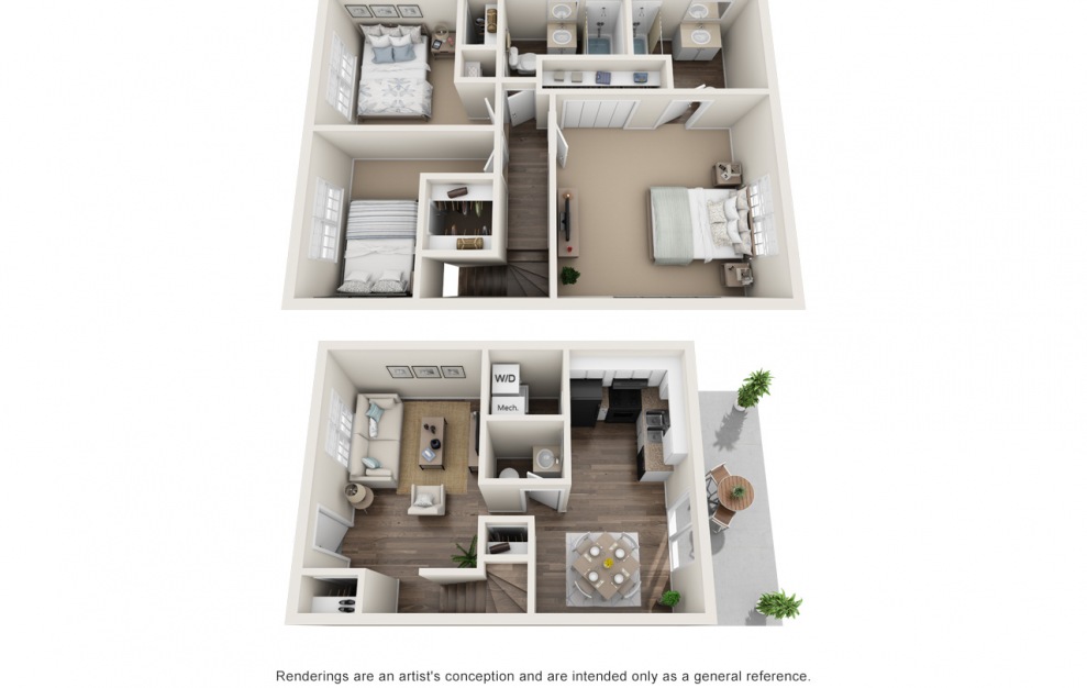 C1 Townhome - 3 bedroom floorplan layout with 2.5 baths and 1425 square feet.